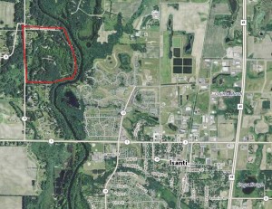 2013 aerial photo of Isanti and area to the northwest. The former Bar L Ranch Club grounds are within the red circle. Photo courtesy of Minnesota Department of Natural Resources.