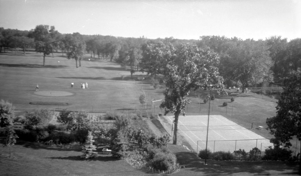 Photo shows tennis court near northwest corner of course, plus footbridge over Elk River at right. (Courtesy Steve Shoemaker)
